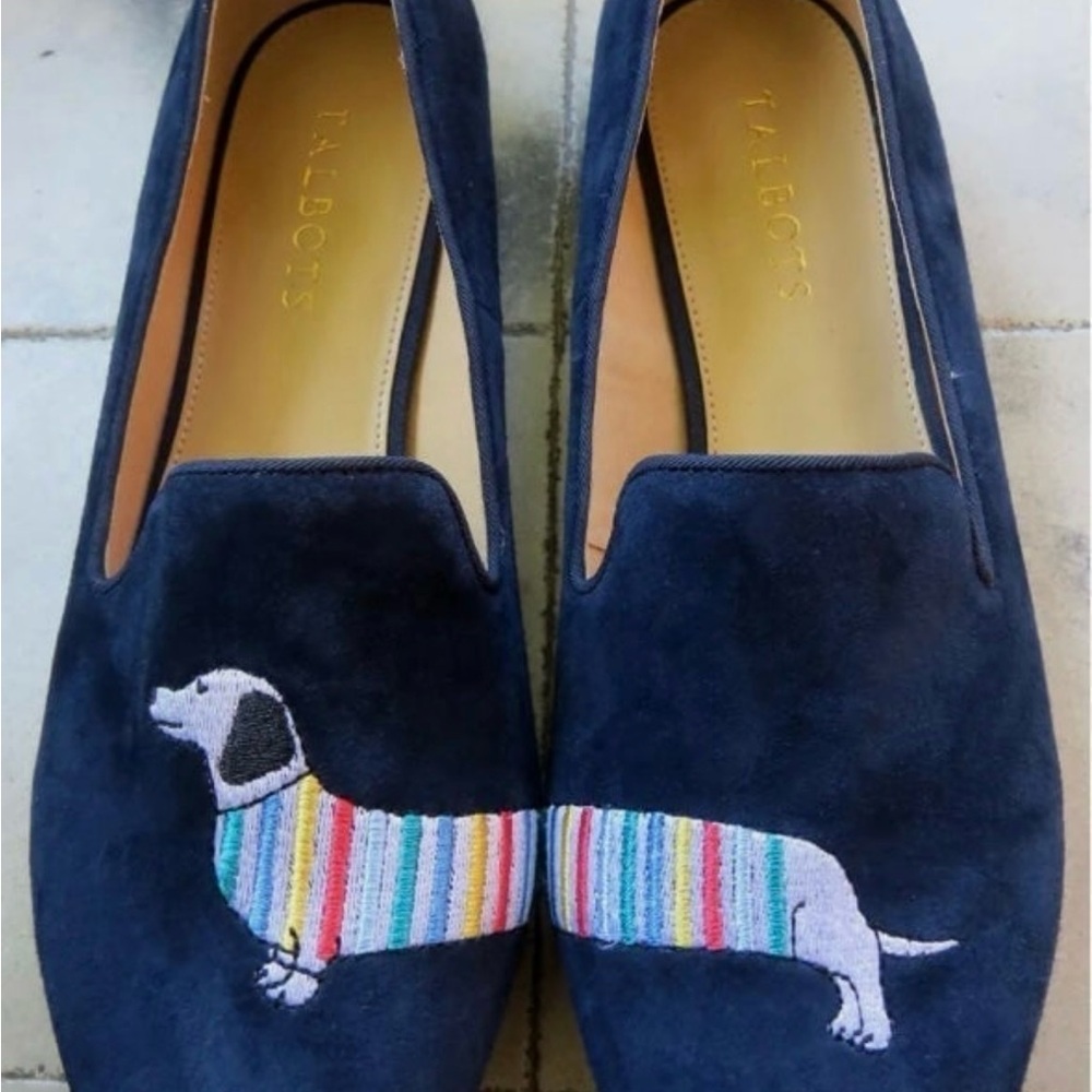 Classic and comfortable navy blue suede Dashschung loafers, kindly worn.